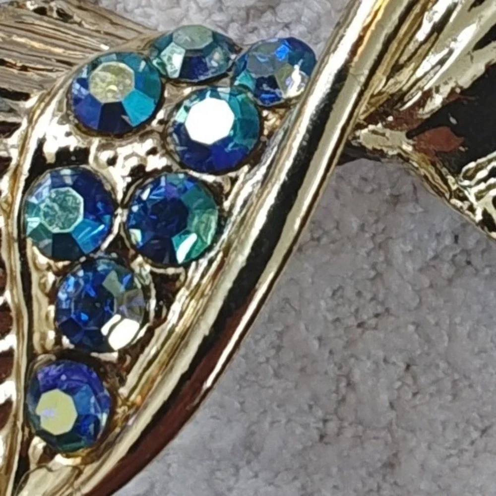 Brooch Gold Teal Blue AB Rhinestone Abstract Wing Fan Vintage Style Pin‎
